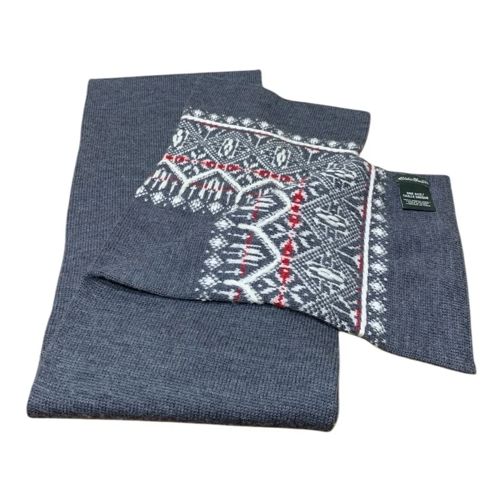 Eddie Bauer Gray Knit Scarf with Red and White Pattern